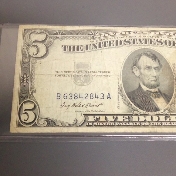 1953 Circulated $5 Silver Certificate in a Toploader - Picture 2 of 4